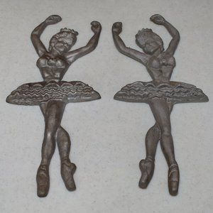 Vintage Set of (2) Ballerina Cast Metal Wall Art Gray Ballet Dancers 12" Pair